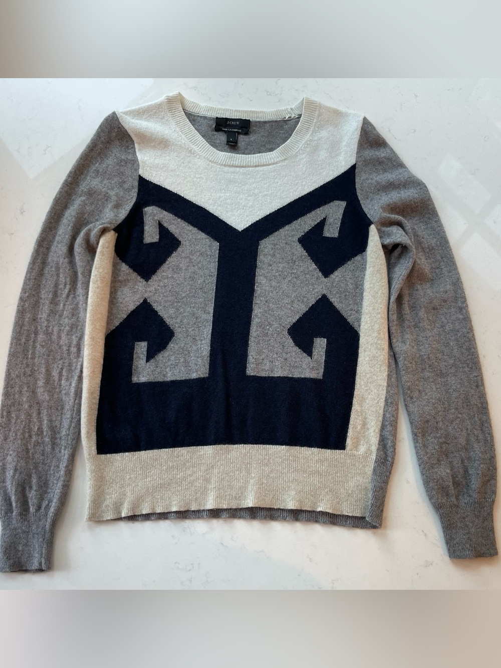 J. Crew Gray and Navy Graphic Crewneck Sweater